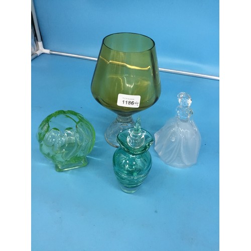 1186 - Vintage Glass Vase, Vintage Lidded Perfume Bottle, Crystal Lady and a Green Uranium Dish