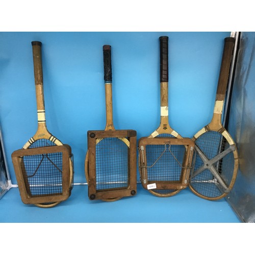 1250 - 4 Vintage Tennis Rackets with Wooden Covers Good Condition