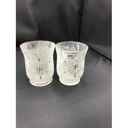 600 - Pair Of Christmas Glass Tea Light Holders