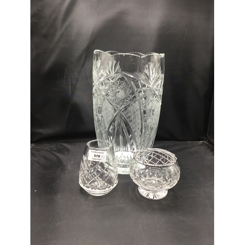 578 - Cut Glass Large Vase Star of David, Rose Bowl and a Small Vase