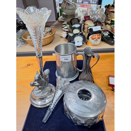 198 - Plated Ware x4 To Include Antique Epergne, American Lidded Dish, Tankard and A Bud Vase