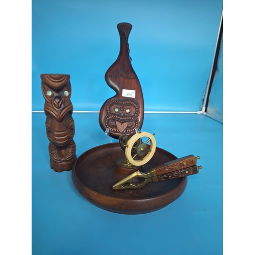 406 - Vintage Tribal Treen x2 and a Vintage Nutcracker Dish