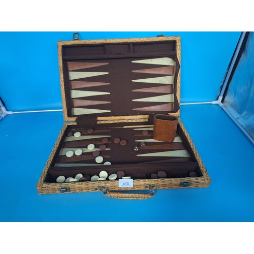 413 - Vintage Back Gammon Set In A Whicker Case