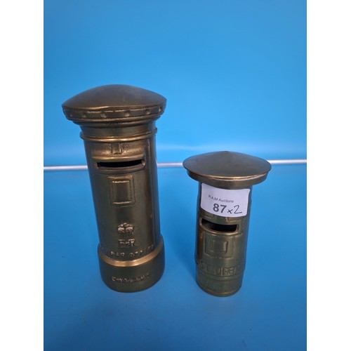 87 - 2 Vintage Heavy Brass Post Box Money Saving Boxes