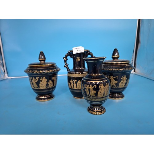 91 - 2 Greek Lidded Urns and 1 Vase In 24ct Gold Paint