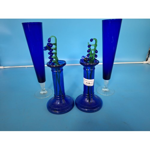 118 - Blue Glass Vases x2, Blue Glass Candlesticks and Cocktail Glass Stirrers