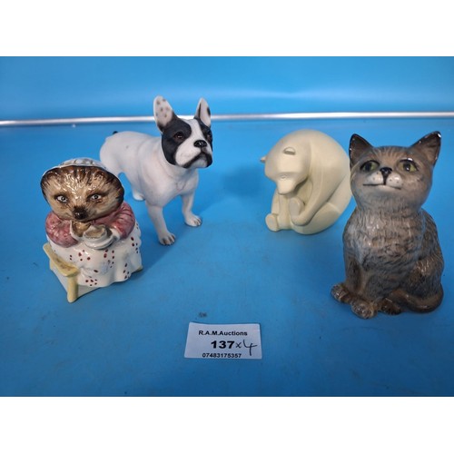 137 - French Bulldog, Coalport Bear, Beswick Cat and Beatrix Potter Mrs Tiggy Winkle Takes Tea