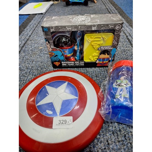 329 - Avengers Frisbee, Avengers Superman Egg Cup and Toast Cutter and a Toy Story 4 Cup