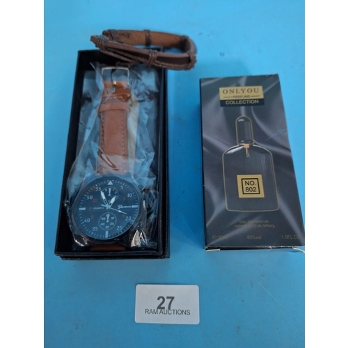 27 - Men's Watch and Leather Bracelet Gift Set and Aftershave