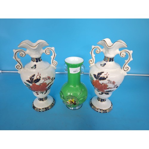 483 - Pair Of James Kent 2 Handled Vases and a Colored Glass Vase