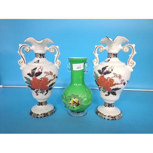 483 - Pair Of James Kent 2 Handled Vases and a Colored Glass Vase