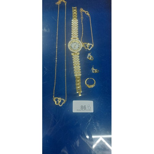 86B - Gold Tone Necklace, Watch, Ring and Bracelet Set