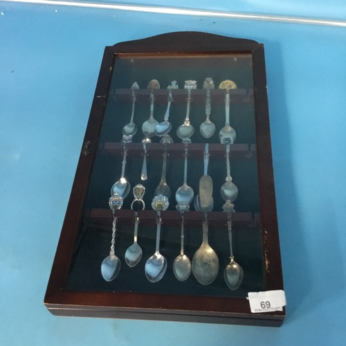 69 - Display Case Containing 18 Collectible Spoons