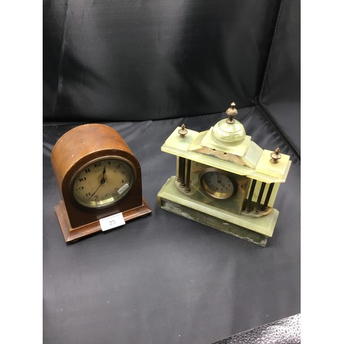 23 - Wooden Mantle Clock and Green Marble Clock