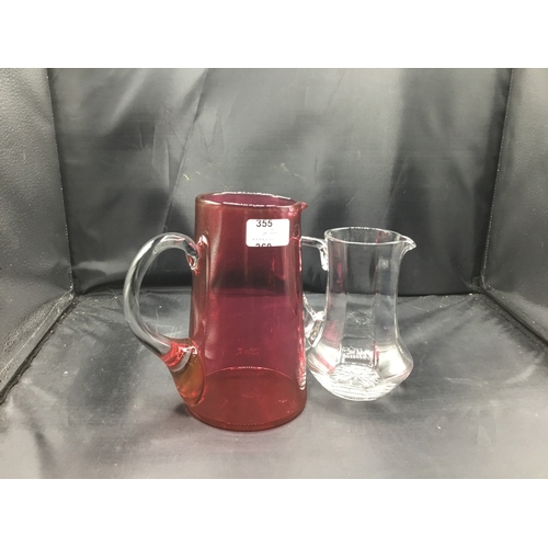 355 - Red Glass Jug and a Clear Glass Jug