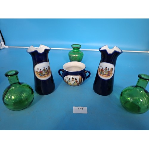 187 - 3 Green Glass Bud Vases, 2 Blue Vases and a Pot