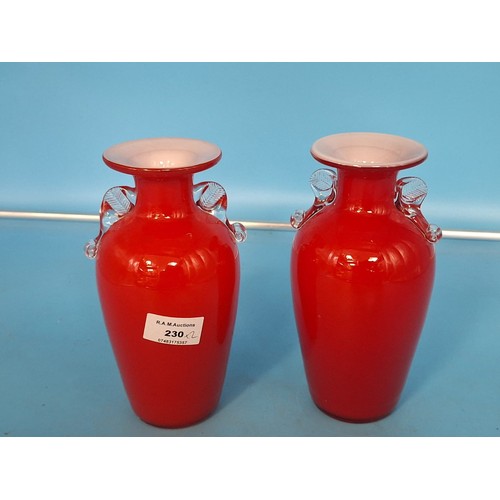 230 - 2 Red Glass Vases With Overlay