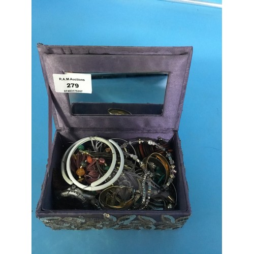 279 - Jewelry Box and Contents To Include Ear Cuffs, Earrings Etc