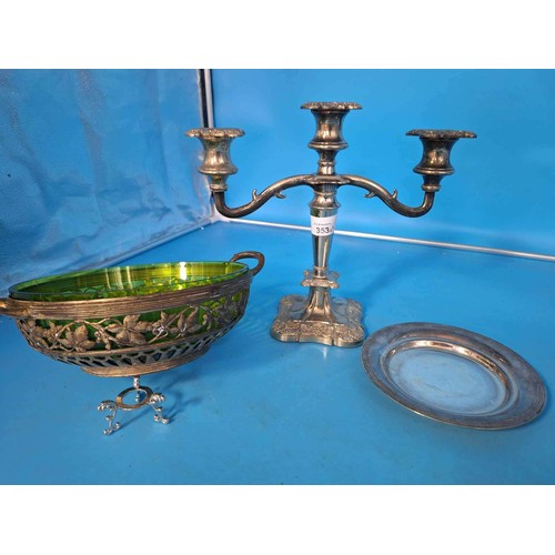 353 - Silver Plated Candle Stick, Green Lined Plated Vintage Bowl and Tray