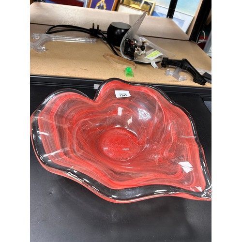 1243 - Vintage Retro Heart Glass Bowl Red and Clear 14”