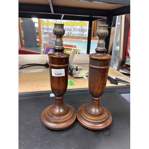 1242 - Antique Metal and Wood Candlestick’s x2