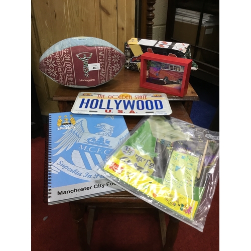 46 - Mixed Lot to Include a Rugby Ball, Stencil set, Skate  pad, MCFC Book, VW Picture and a Hollywood Si... 