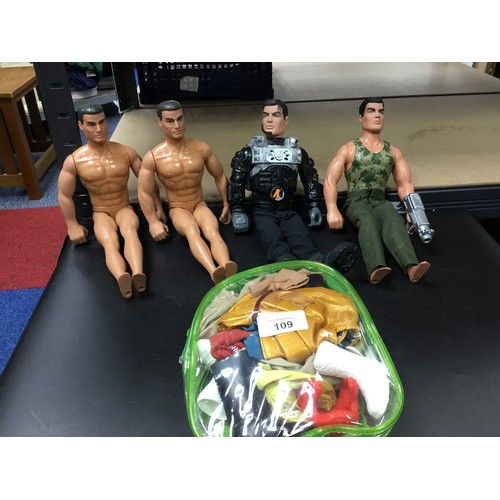 109 - Action Men x4 and Clothes