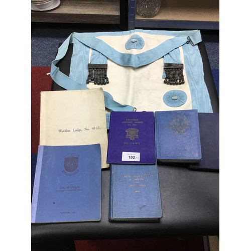 192 - Masonic Items x7 To Include a Song Book, Apron, Books Etc.