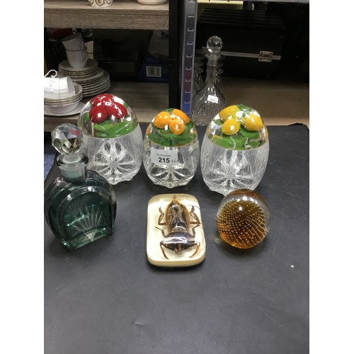 215 - Set of 3 Cornaments, 2 Paperweights and a Perfume Bottle