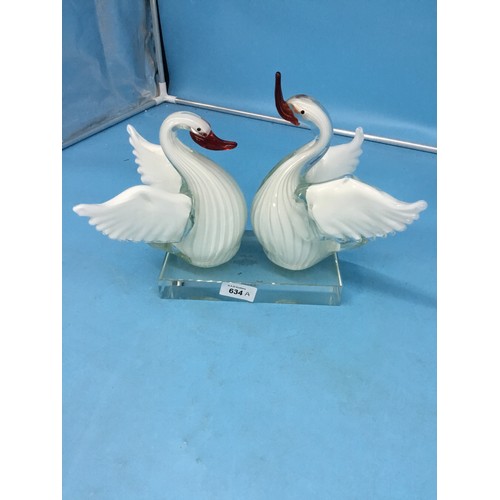 634A - Limited Edition A'Dore Glass Swans On a Crystal Base