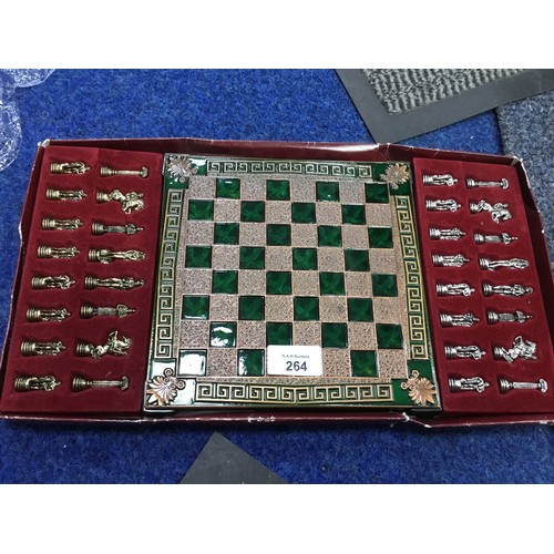 264 - Greek Metal Chess Board and Pieces