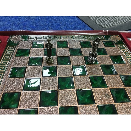 264 - Greek Metal Chess Board and Pieces