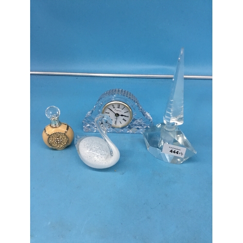 444 - Crystal Clock, Swan Paperweight and 2 Perfume Bottles