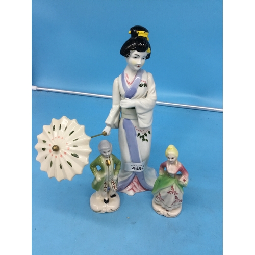 448 - Chinese 10” Lady With a Brolly and Two Victorian Figures