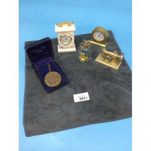 347 - Miniature Clocks x4 and a Boxed Bronze Hampton Court Palace Medallion