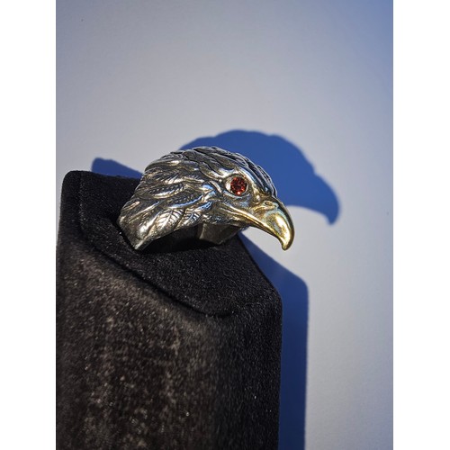 50 - 925 Silver Mens Ring Eagles Head With Red Stone Eyes