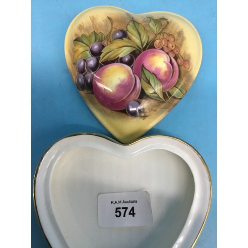 574 - Vintage Aynsley Orchard Gold Heart Shaped Lidded Pot Signed D Jones