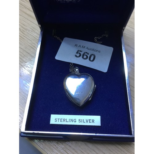 560 - Boxed Sterling Silver Heart Locket on chain Stamped Silver