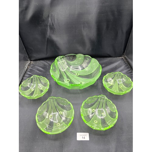 14 - Vintage Art Deco Shell Uranium Glass Bowl Set