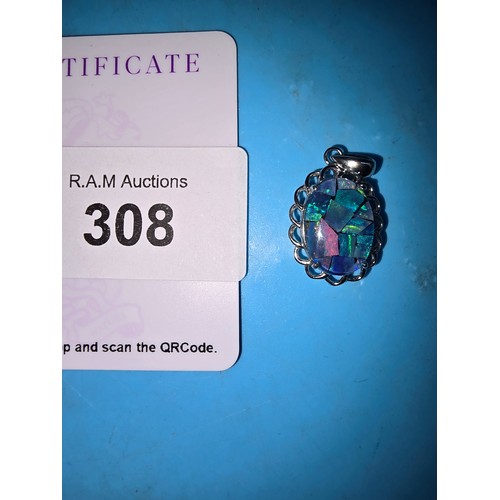 308 - 925 Silver Pendant with 14x10 Australian Opal With Certificate Of Authenticity