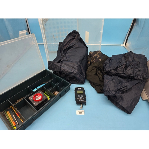 558 - Fishing Suit XL Jacket and Pants, Camo Fishing Jacket, Tackle Box and a Dr Meter Weighing Scales