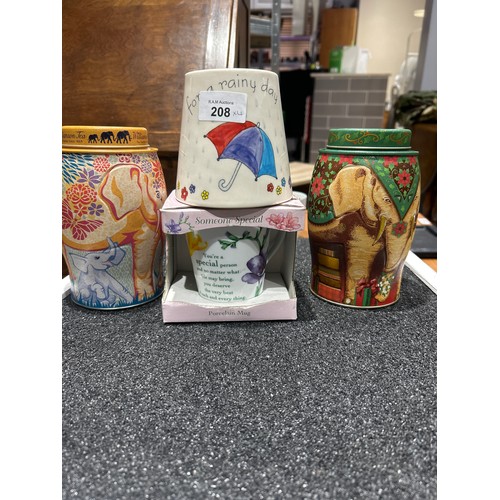 208 - Williamson Tea Tins and Money Box and a Boxed Mug