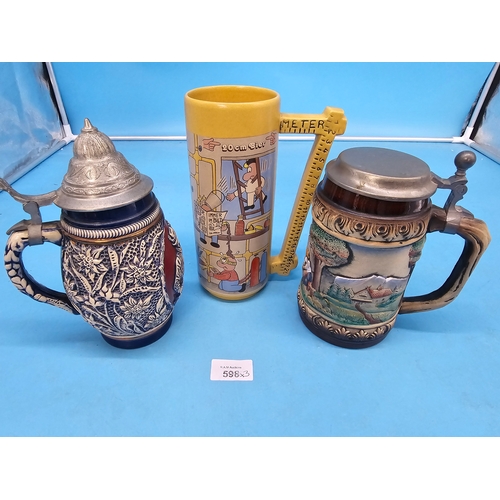 598 - German Gertz Marked Stein, German Lidded King Stein and a Hand Painted German Stein Stamped Beyer