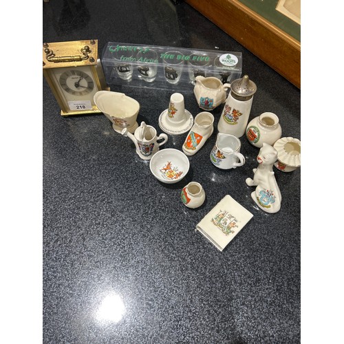 218 - Ingersol Carriage Clock, Crested Ware and African Shot Glasses