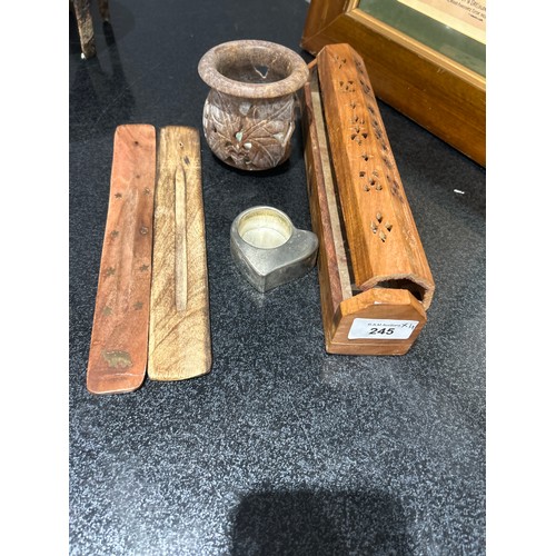 245 - Incense Holder and Sticks, Soapstone Tea Light Holder and One Other Tea Light Holder