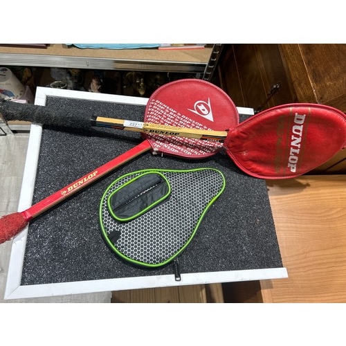 227 - Vintage Dunlop Badminton Rackets x2 and a Cased Table Tennis Bat