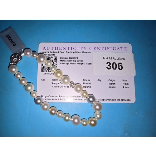 306 - 925 Silver With Real Akoya Pearl Bracelet