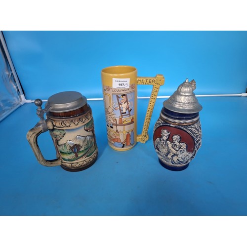 197 - Vintage German Lidded Tankards With Marks To The Base and A Rare German Stein