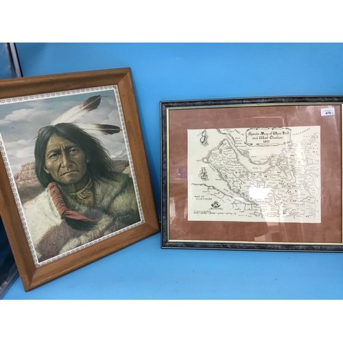 478 - Speeds Map of Wyre Hall, West Cheshire Framed Picture and an Old Indian Framed Picture