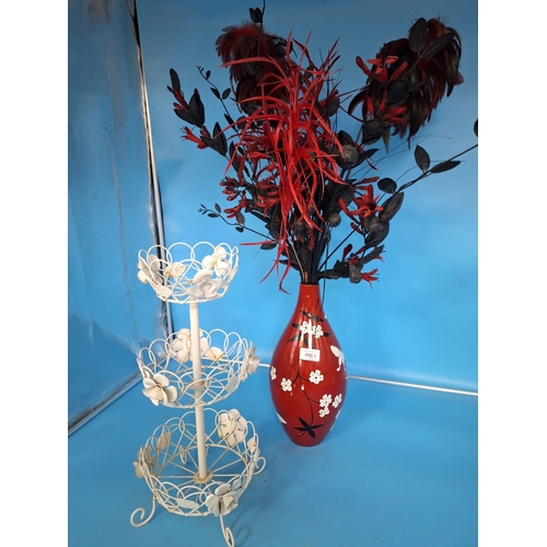 496B - Red Ceramic Vase With Flowers and a Metal Fruit Rack